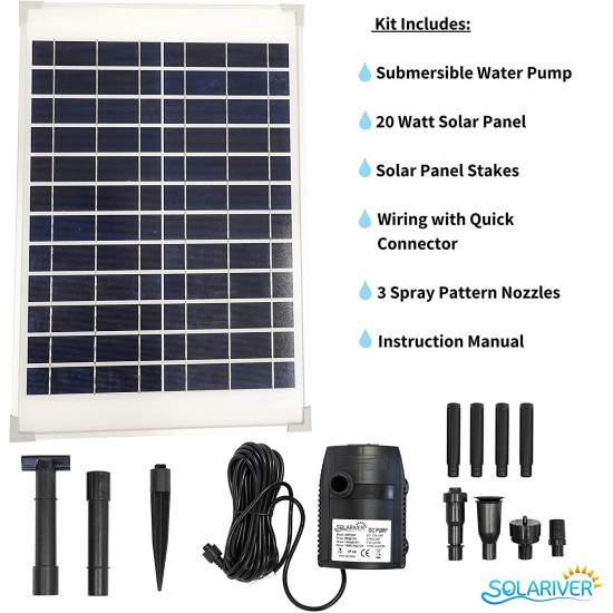 Solariver Solar Water Pump Kit - 360+GPH Submersible Pump with Adjustable Flow, 20 Watt Solar Panel for Sun Powered Fountain, Pond Aeration, Hydroponics, Aquaculture (No Battery Backup)