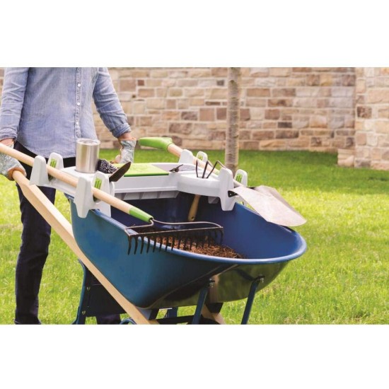 The Burro Buddy, USA Made Lawn/Garden Tray for All 4-6 cu. ft. wheelbarrows. Holds rake, Shovel, Short Handle Tools, Drinks & Water Tight Storage for Phone. Wheelbarrow not Included. Great Gift!