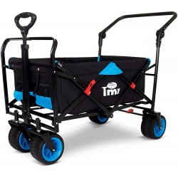 TMZ All Terrain Wide Wheel Utility Folding Wagon, Collapsible Garden Cart, Heavy Duty Beach Wagon Trolley with Adjustable Push Handle and Brake, 90 L Storage, Load of 120KG(Black/Blue)