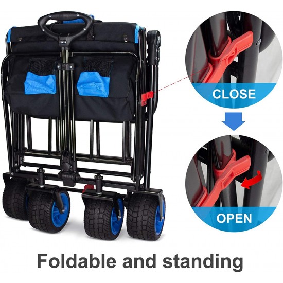 TMZ All Terrain Wide Wheel Utility Folding Wagon, Collapsible Garden Cart, Heavy Duty Beach Wagon Trolley with Adjustable Push Handle and Brake, 90 L Storage, Load of 120KG(Black/Blue)