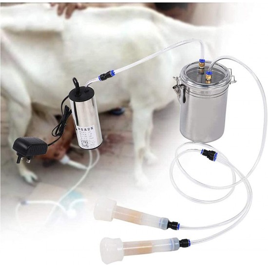 QHWJ 2L Goat Cow Milking Machine, Electric Small Portable Vacuum Milker Kit with Stainless Steel Milk Barrel, 2 Teat Cups and Cleaning Brush,Goat