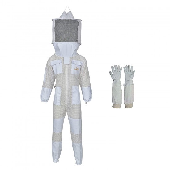 Ultra Breeze Bee Suit-Round Veil 3 Layers White Mesh & Cotton Bee Protective Clothing for Beekeepers, Apiary Suit-2XL