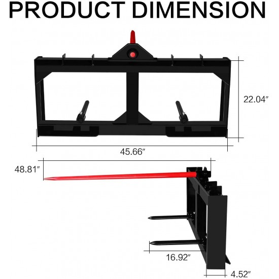 49 Inch Tractor Hay Spear Attachment EBESTTECH 3,000LBS Spike Skid Steer Quick Attach Bobcat Tractors with 1pc Red Hay Spear + 2pcs Black Stabilizer Spears Spike Fork Tine