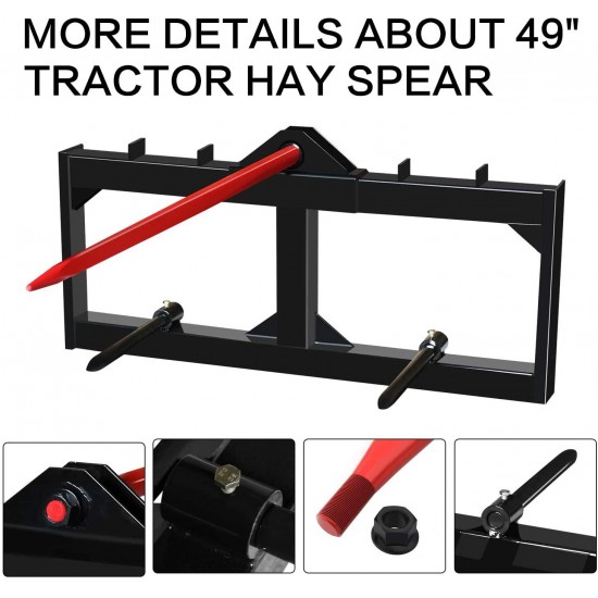 49 Inch Tractor Hay Spear Attachment EBESTTECH 3,000LBS Spike Skid Steer Quick Attach Bobcat Tractors with 1pc Red Hay Spear + 2pcs Black Stabilizer Spears Spike Fork Tine