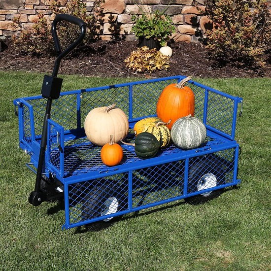 Sunnydaze Utility Steel Dump Garden Cart, Outdoor Lawn Wagon with Removable Sides, Heavy-Duty 660 Pound Capacity, Blue