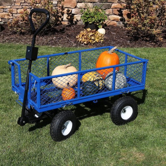 Sunnydaze Utility Steel Dump Garden Cart, Outdoor Lawn Wagon with Removable Sides, Heavy-Duty 660 Pound Capacity, Blue