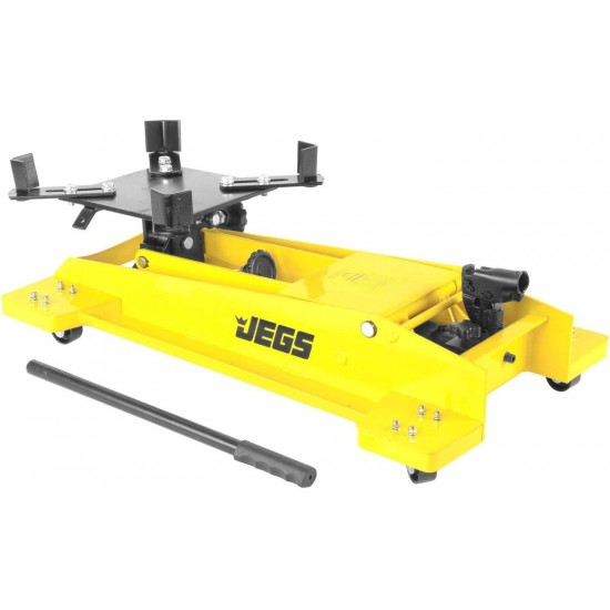 JEGS Low Profile Transmission Jack | 1,000 LBS Capacity | Lift Range 8.5” to 23” | 360 Degrees Pump Handle Rotation | Adjustable Load Support Arms | Yellow Steel Frame With JEGS Logo