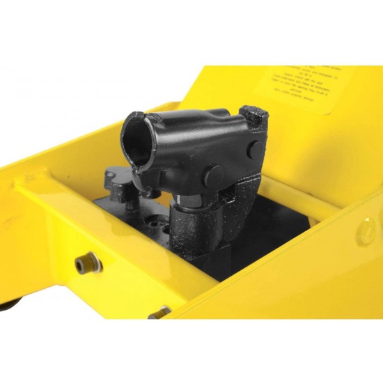 JEGS Low Profile Transmission Jack | 1,000 LBS Capacity | Lift Range 8.5” to 23” | 360 Degrees Pump Handle Rotation | Adjustable Load Support Arms | Yellow Steel Frame With JEGS Logo