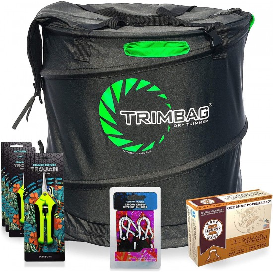 Trimbag Premium Complete Dry Trimming Kit Bundle with 4 Common Culture Trimming Scissors, 1 Pair of Grow Crew Ratchet Hangers, 10 Pack of Turkey Bags and Accessories (7 Items)