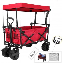 Tintonlife Push and Pull Collapsible Utility Wagon, Heavy Duty Folding Wagon Cart with Removable Canopy&Brakes, 7“ All-Terrain Wheels, Adjustable Cart Handles for Shopping, Picnic, Beach, Camping Red