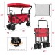 Tintonlife Push and Pull Collapsible Utility Wagon, Heavy Duty Folding Wagon Cart with Removable Canopy&Brakes, 7“ All-Terrain Wheels, Adjustable Cart Handles for Shopping, Picnic, Beach, Camping Red