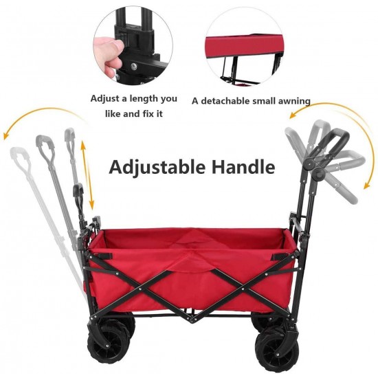 Tintonlife Push and Pull Collapsible Utility Wagon, Heavy Duty Folding Wagon Cart with Removable Canopy&Brakes, 7“ All-Terrain Wheels, Adjustable Cart Handles for Shopping, Picnic, Beach, Camping Red