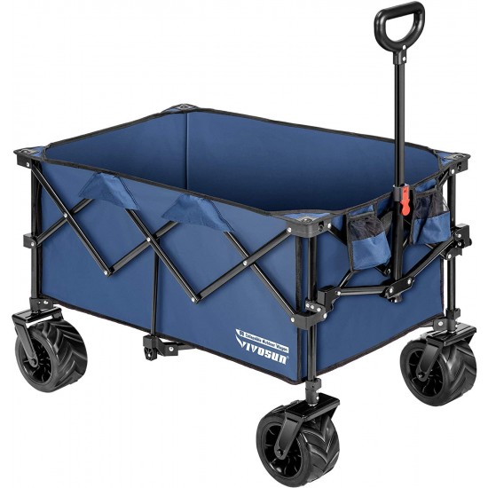 VIVOSUN Folding Collapsible Wagon Utility Outdoor Camping Beach Cart with Universal Wide Wheels & Adjustable Handle, Blue