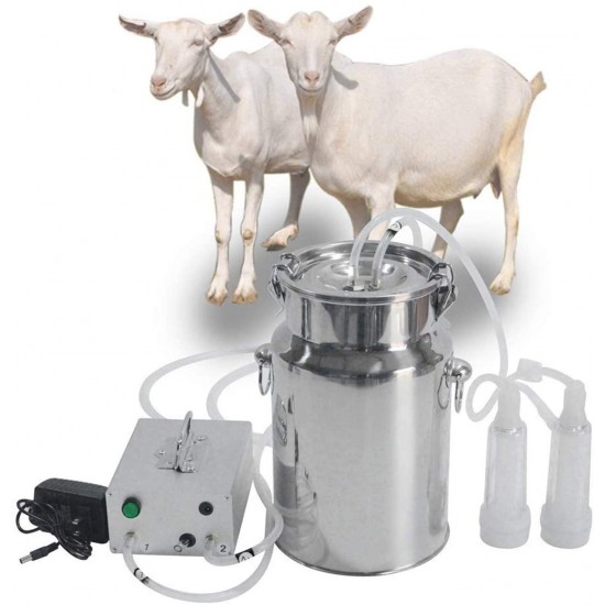 QHWJ 7L Goat Milking Machine Electric Vacuum Pulsation Sheep Milker Machine, Milking Kit with Stainless Steel Milk Barrel, 2 Teat Cups and Cleaning Brush