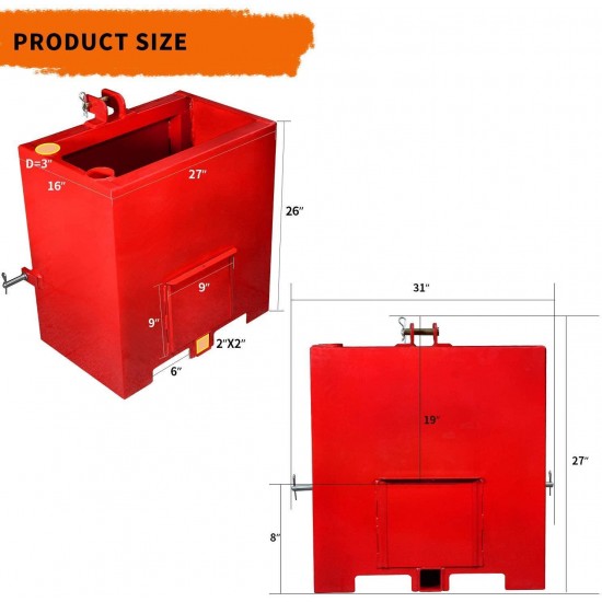 YINTATECH Ballast Box 3 Point Category 1 Tractor and Loader Hitches Attachment