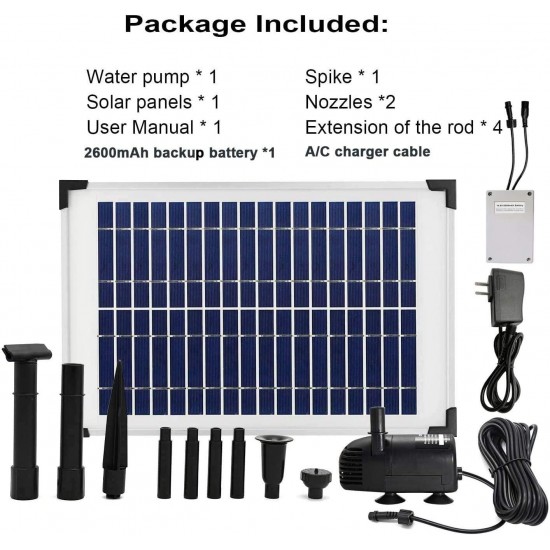 ECO-WORTHY Solar Fountain Water Pump Kit 12W, 160GPH Pump, 12 Watt Solar Panel With Battery Backup and Charge Cable for Sun Powered Fountain, Pond Aeration, Hydroponics, Garden Decoration, Aquaculture