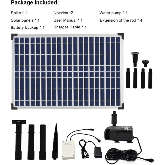 Solar Fountain Water Pump Kit 30 W, Lift 8.5 FT Submersible Powered Pump and 30 Watt Solar Panel for Sun Powered Fountain, Pond Aeration, Hydroponics, Garden Decoration, Aquaculture(Battery Backup)