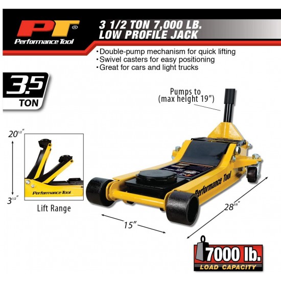 Performance Tool W1645 Professional Low-Profile Swiveling Floor Jack, 3.5-Ton Capacity