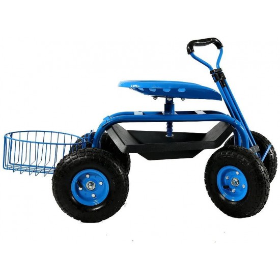 Sunnydaze Garden Cart Rolling Scooter with Extendable Steer Handle, Swivel Seat & Utility Tool Tray, Blue