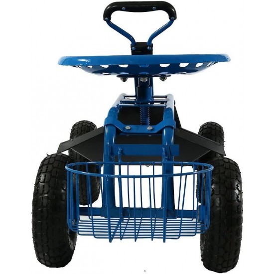 Sunnydaze Garden Cart Rolling Scooter with Extendable Steer Handle, Swivel Seat & Utility Tool Tray, Blue