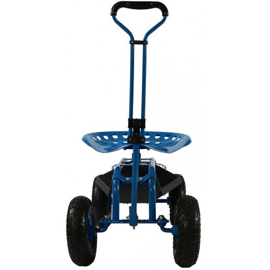 Sunnydaze Garden Cart Rolling Scooter with Extendable Steer Handle, Swivel Seat & Utility Tool Tray, Blue