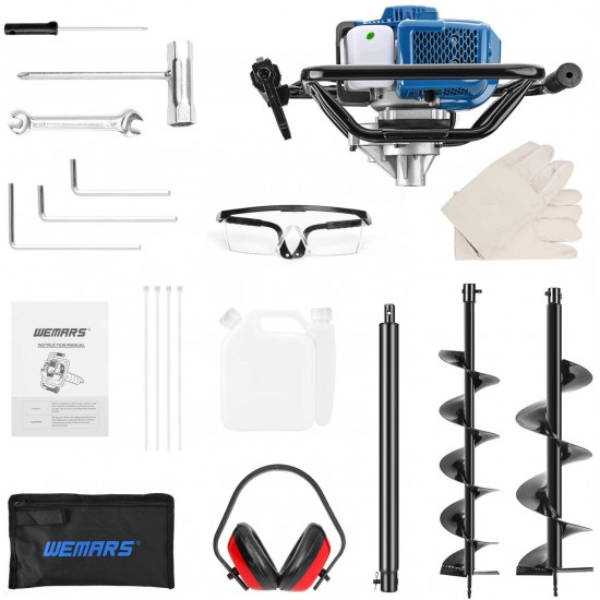 WEMARS Post Hole Digger 52CC Earth Auger Gas Powered Garden Auger 2 Stroke Gas One Man Auger Planter for Digging Holes with Two Drill Bit 6