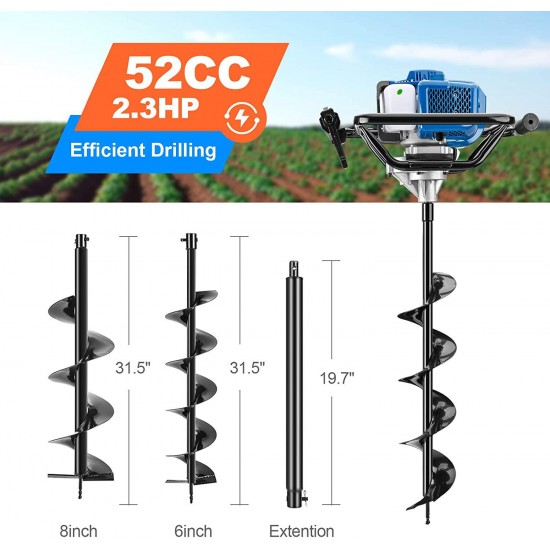 WEMARS Post Hole Digger 52CC Earth Auger Gas Powered Garden Auger 2 Stroke Gas One Man Auger Planter for Digging Holes with Two Drill Bit 6