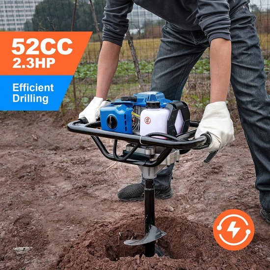 WEMARS Post Hole Digger 52CC Earth Auger Gas Powered Garden Auger 2 Stroke Gas One Man Auger Planter for Digging Holes with Two Drill Bit 6