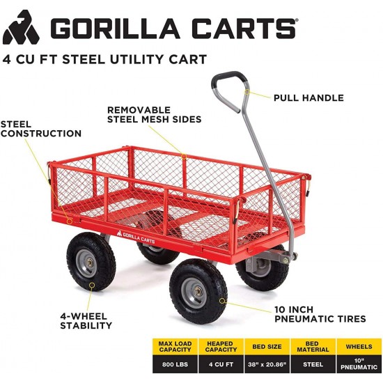 Gorilla Carts GOR800-COM Steel Utility Cart with Removable Sides, 800-lbs. Capacity, Red