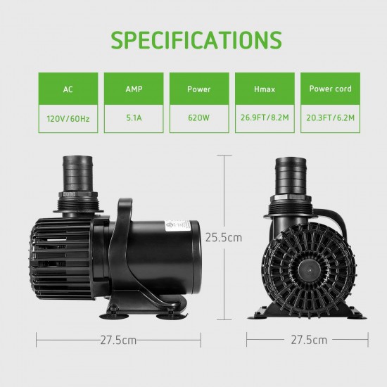 VIVOSUN 9000GPH Submersible Water Pump 620W Ultra Quiet Pump with 20.3ft Power Cord High Lift for Pond Waterfall Fish Tank Statuary Hydroponic