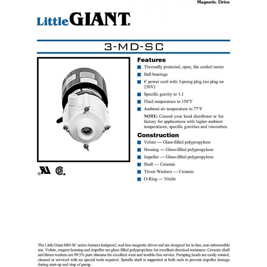 Little Giant 581503 Chemical, Magnetic Drive Pump, 1/12 Hp 750GPH 6' Cord 115V