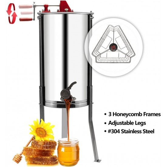 VINGLI 3 Frames Manual Honey Extractor Separator, Food Grade Stainless Steel Honeycomb Spinner Drum Crank By Hand With Adjustable Height Stands, Beekeeping Pro Extraction Apiary Centrifuge Equipment