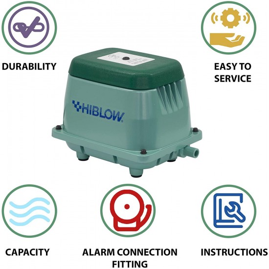 HI-BLOW (HP 80) Upgraded Liner Air Pump Pond Aeration Septic Aerator Low Power Consumption, Clean Oil-Less Air, Low Vibration, Low Sound Levels, Energy Efficiency