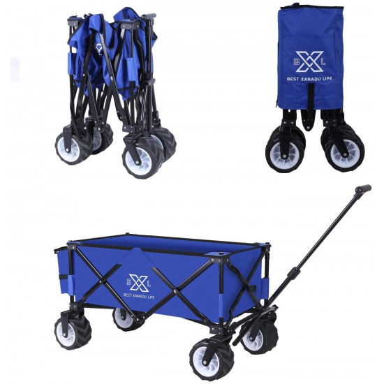 BXL Heavy Duty Collapsible Folding Garden Cart Utility Wagon for Shopping Outdoors (Blue)