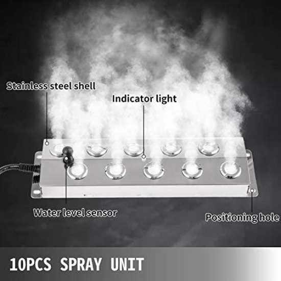 Happybuy Mist Maker 10 Head Ultrasonic Mist Fogger with Waterproof Power Supply Ultrasonic Fogger Humidifier Stainless Steel Pond Mister Fogger 5kg/h Ultrasonic Mist Humidifier for Gardening and Pond