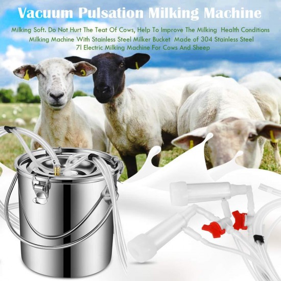 S SMAUTOP 7L Electric Pulsation Milking Machine Single Bucket Piston Vacuum Pulsation Milking Machine Goat Milking Supplies for Cows Cattle or Sheep Optional (Use US Plug)