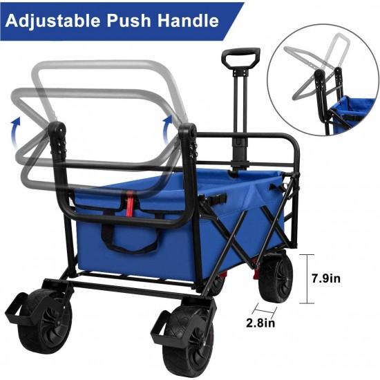 BEAU JARDIN Folding Wagon Cart with Brakes Free Standing Collapsible Utility Camping Grocery Canvas Fabric Sturdy Portable Rolling Buggies Outdoor Garden Sport Heavy Duty Shopping Cart Push Wagon Blue