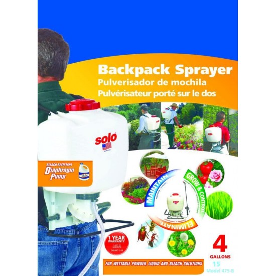 Solo 475-B Diaphragm Pump Backpack Sprayer, 4-Gallon, Bleach Resistant Pump Assembly