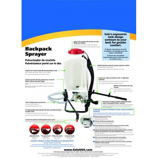 Solo 475-B Diaphragm Pump Backpack Sprayer, 4-Gallon, Bleach Resistant Pump Assembly