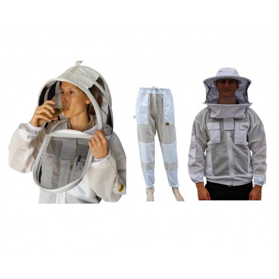 OZ ARMOUR Beekeeping Suit Jacket & Trouser Pant with 2 Veils Fencing & Round Brim Hat Ventilated 3 Layer Mesh Costume (X-Large)