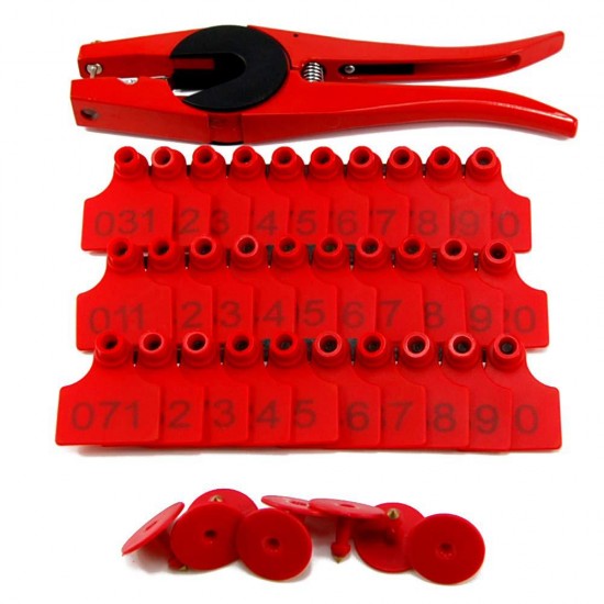 500Sets Livestock Identification Numbered Plastic Ear Tags for Calves Sheep Cattle Cows Pigs TPU Precision Earring (Red) with 1 pcs Plier Applicator