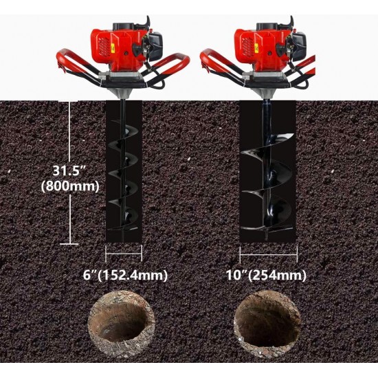 ECO LLC 52cc 2.4HP Gas Powered Post Hole Digger with TWO Earth Auger Drill Bit 6