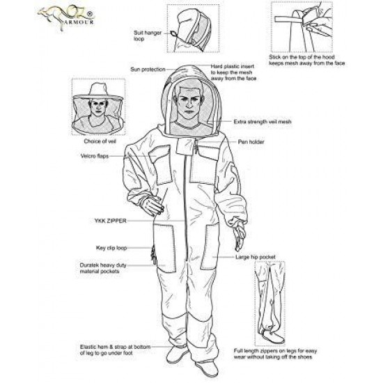 OZ ARMOUR Beekeeping Suit Ventilated Air Mesh with Fencing & Round Brim Hat (Medium)