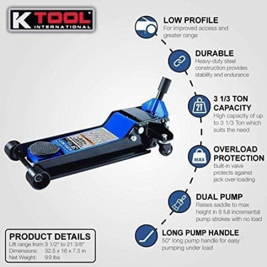 K Tool International Low Profile 3.33 Ton Service Jack; Chassis Length 28-1/3