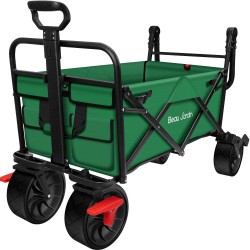 BEAU JARDIN Folding Wagon Cart With Brake Free Standing Collapsible Utility Camping Grocery Canvas Fabric Sturdy Portable Rolling Buggies Outdoor Garden Sport Heavy Duty Shopping Cart Push Wagon Green