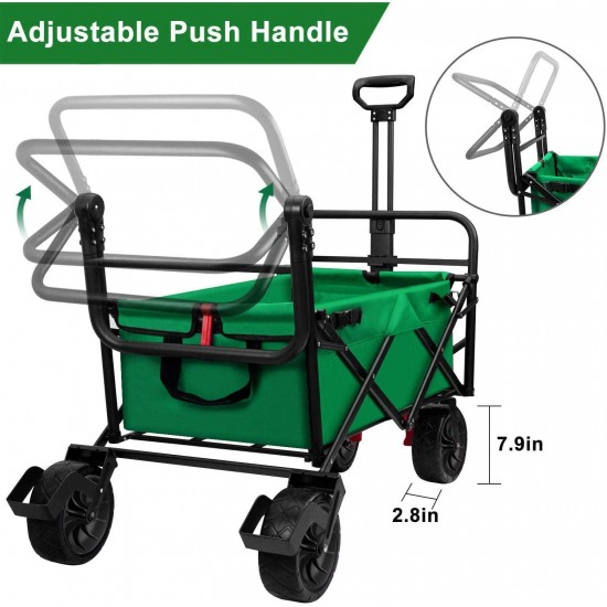 BEAU JARDIN Folding Wagon Cart With Brake Free Standing Collapsible Utility Camping Grocery Canvas Fabric Sturdy Portable Rolling Buggies Outdoor Garden Sport Heavy Duty Shopping Cart Push Wagon Green