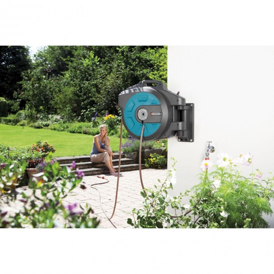 GARDENA 25 Meter Roll-Up Swivel Wall-Mounted Automatic Hose Box with 82-Feet of