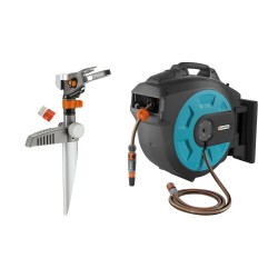 Gardena 8136 Pulsating Lawn Sprinkler Bundle with Swivel Garden Hose Reel Box