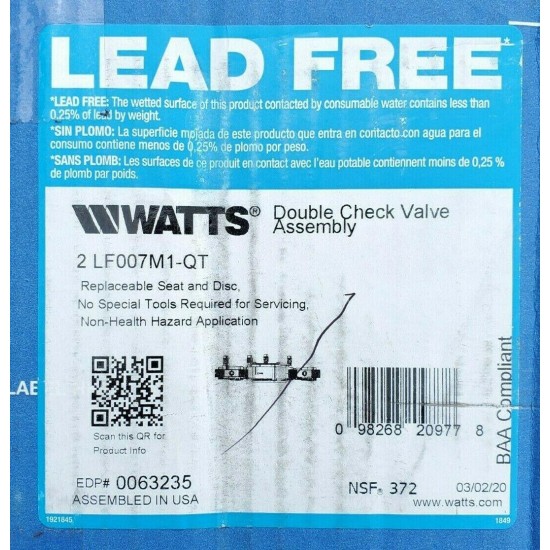 Watts LF007M1-QT 2 inch Lead Free Double Check Valve