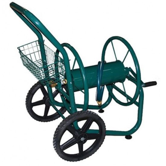 Steel Hose Reel Cart with Storage Basket 2 Wheels For Lawn or Garden Hold 300 ft